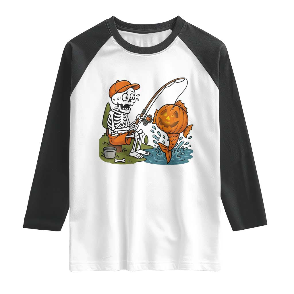 Halloween Fishing Lover Raglan Shirt Skeleton Humor Gift TS12 White Black Print Your Wear