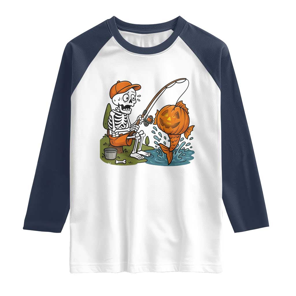 Halloween Fishing Lover Raglan Shirt Skeleton Humor Gift TS12 White Navy Print Your Wear