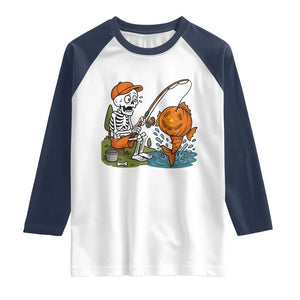 Halloween Fishing Lover Raglan Shirt Skeleton Humor Gift TS12 White Navy Print Your Wear