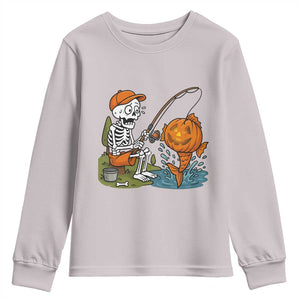 Halloween Fishing Lover Youth Sweatshirt Skeleton Humor Gift TS12 Ice Gray Print Your Wear
