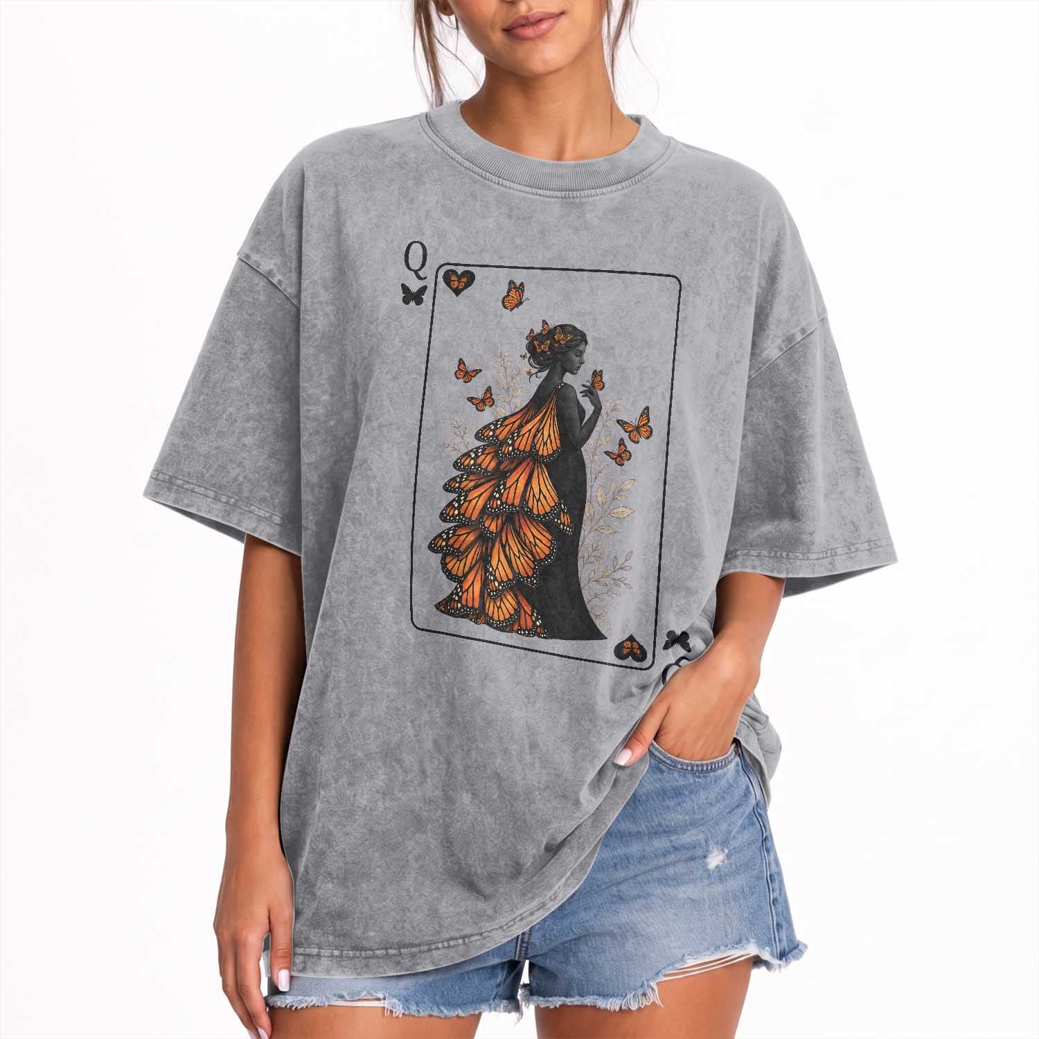 Queen Of The Monarch Butterfly Washed Cotton T-Shirt Mystical Goddess Spades Playing Card