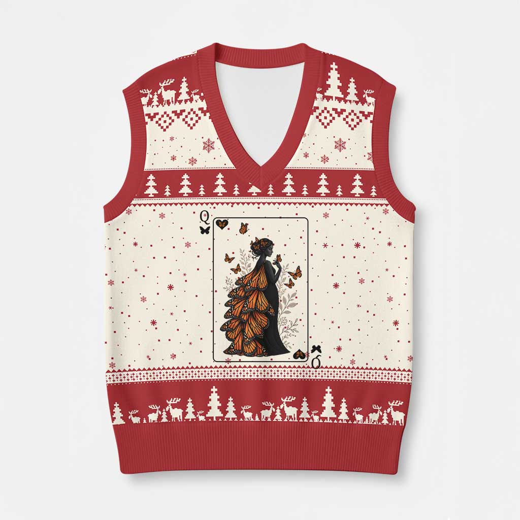 Queen Of The Monarch Butterfly V-Neck Knit Sweater Vest Mystical Goddess Spades Playing Card