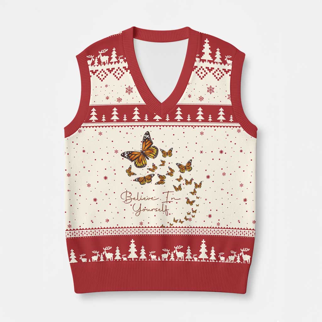 Monarch Butterfly Inspirational Saying V-Neck Knit Sweater Vest Believe In Yourself
