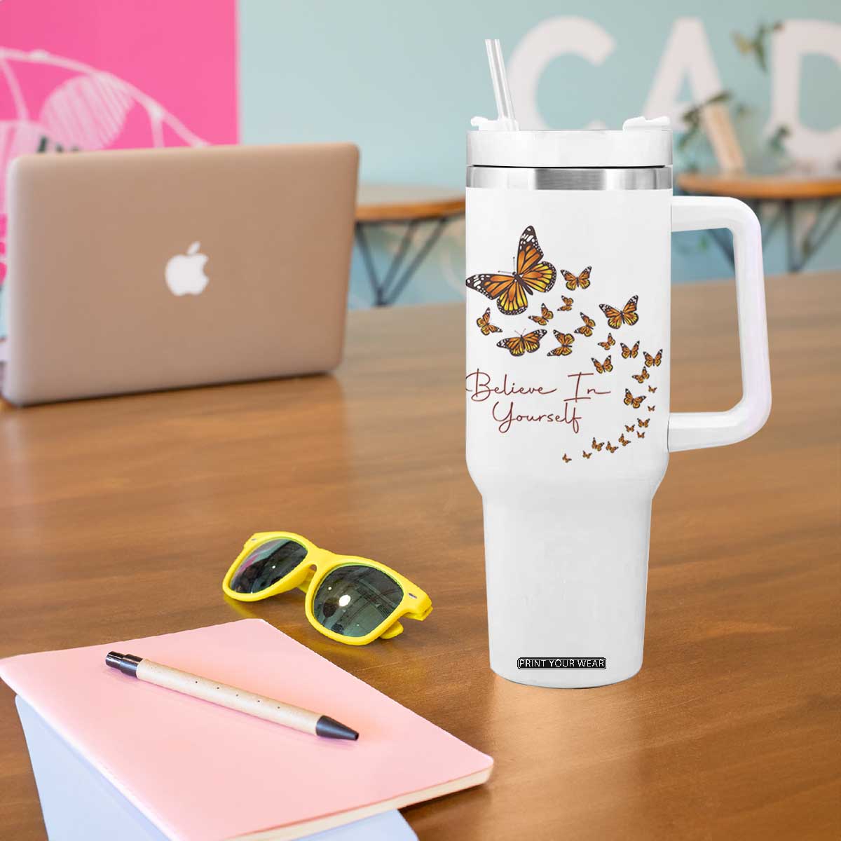 Monarch Butterfly Inspirational Saying Tumbler With Handle Believe In Yourself