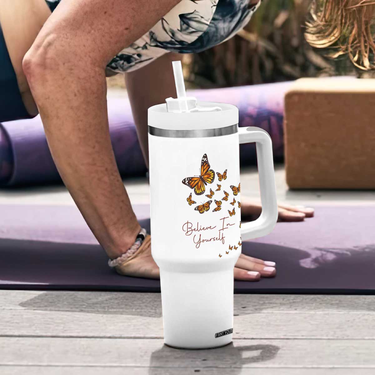 Monarch Butterfly Inspirational Saying Tumbler With Handle Believe In Yourself