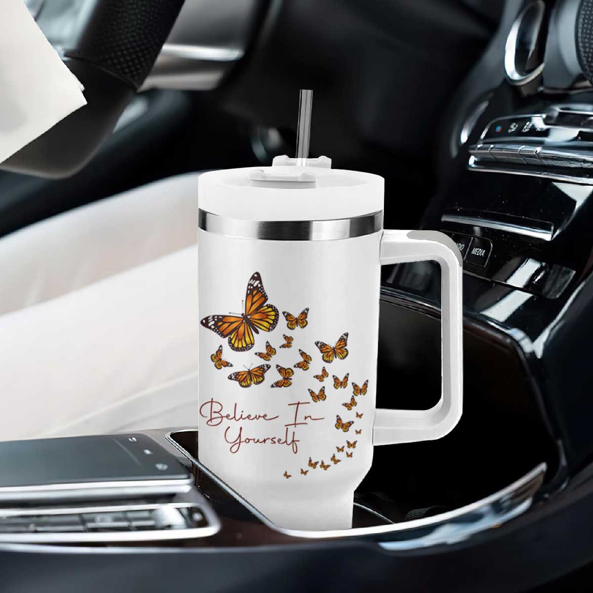 Monarch Butterfly Inspirational Saying Tumbler With Handle Believe In Yourself