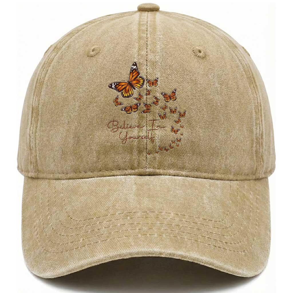 Monarch Butterfly Inspirational Saying Washed Cotton Baseball Cap Believe In Yourself