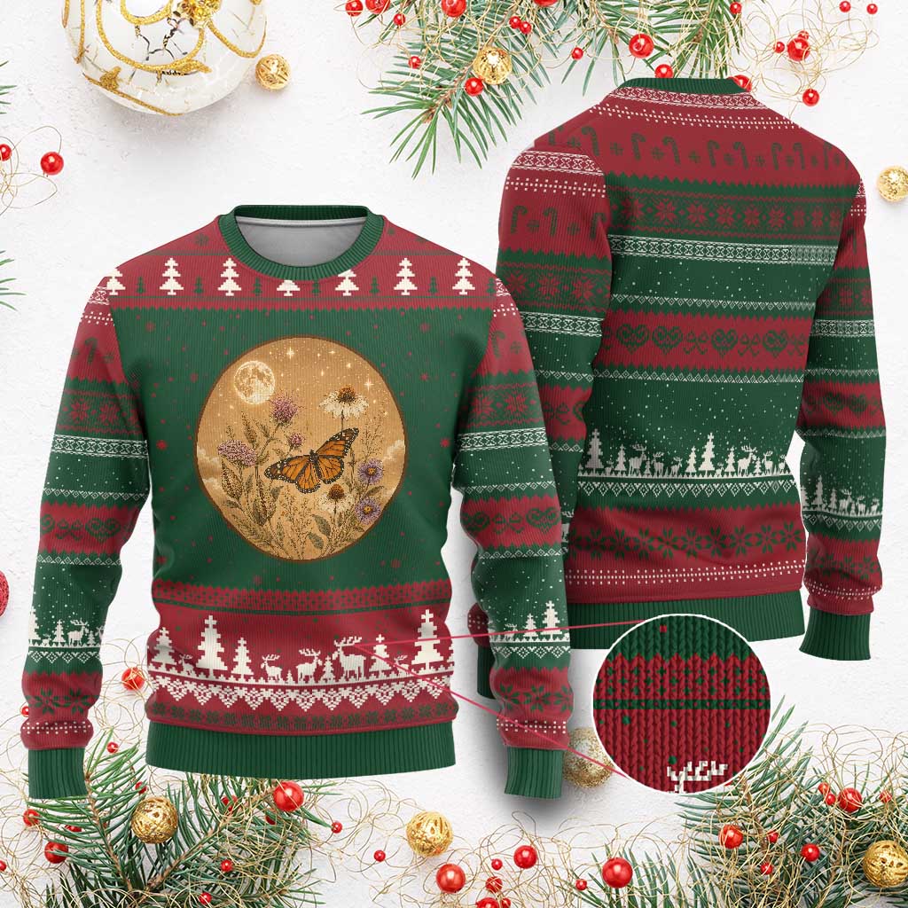 Vintage Monarch Butterfly Botanical Ugly Christmas Sweater Wildflower Nature Lover