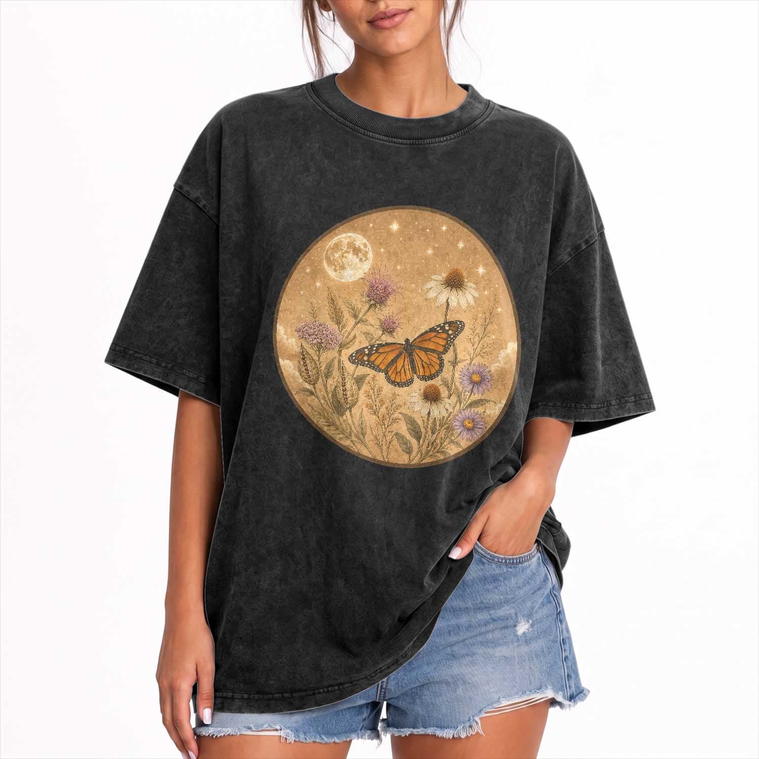 Vintage Monarch Butterfly Botanical Washed Cotton T-Shirt Wildflower Nature Lover