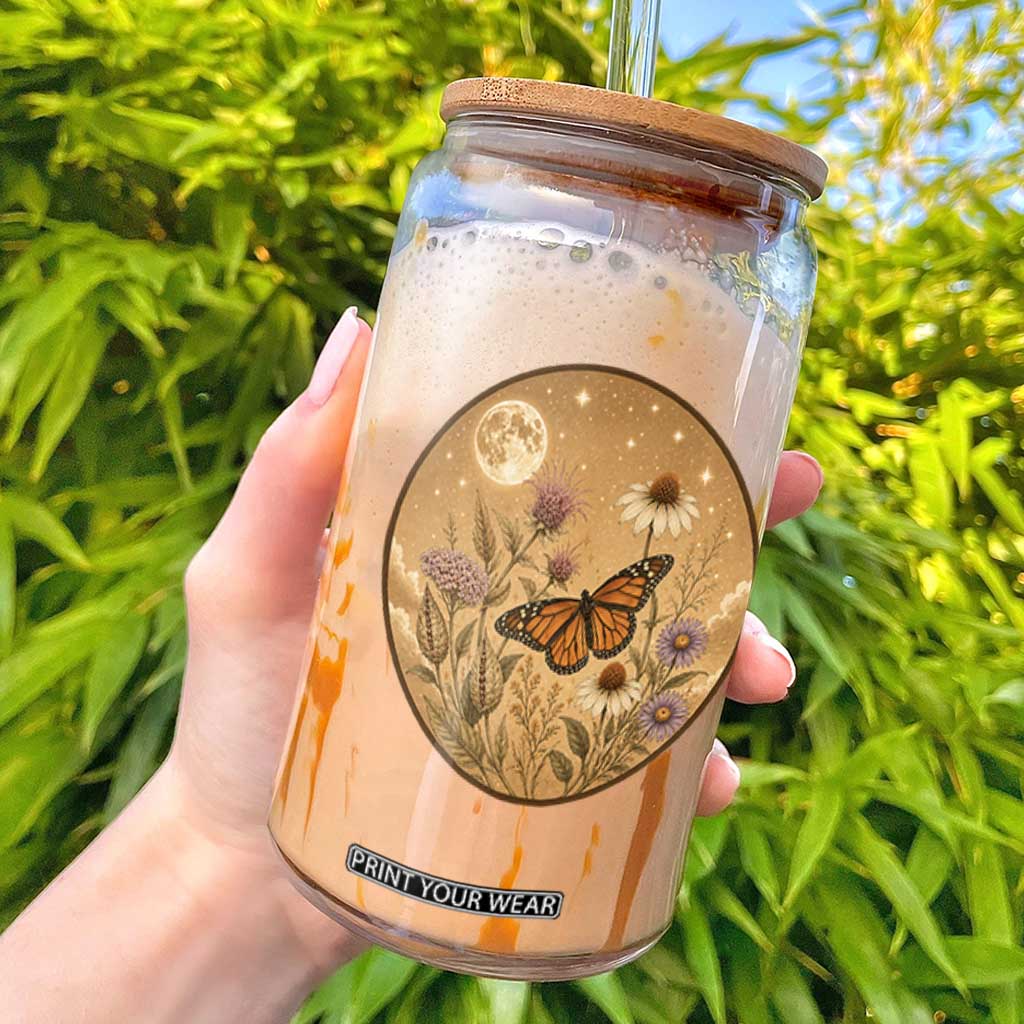 Vintage Monarch Butterfly Botanical Glass Can Wildflower Nature Lover
