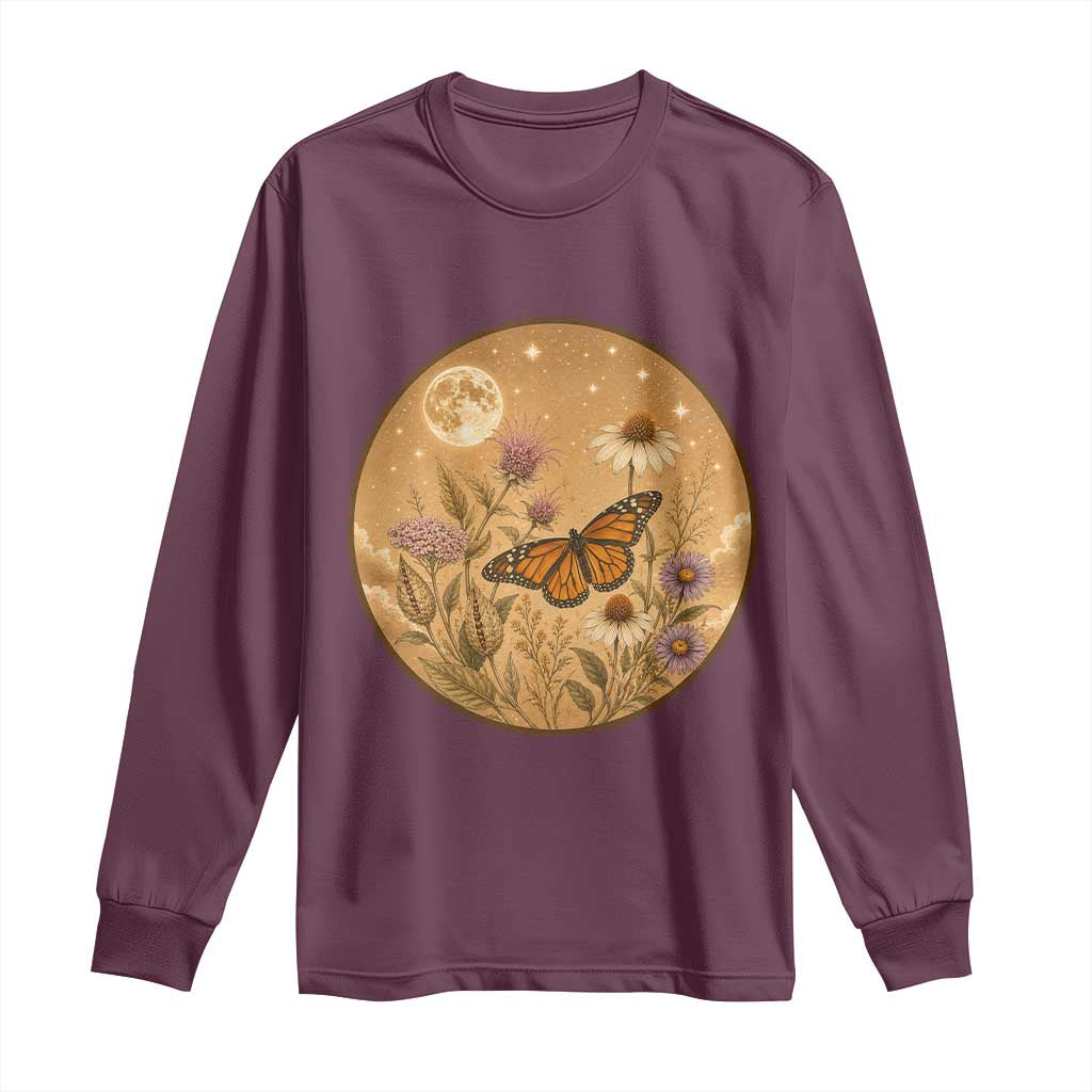 Vintage Monarch Butterfly Botanical Long Sleeve Shirt Wildflower Nature Lover