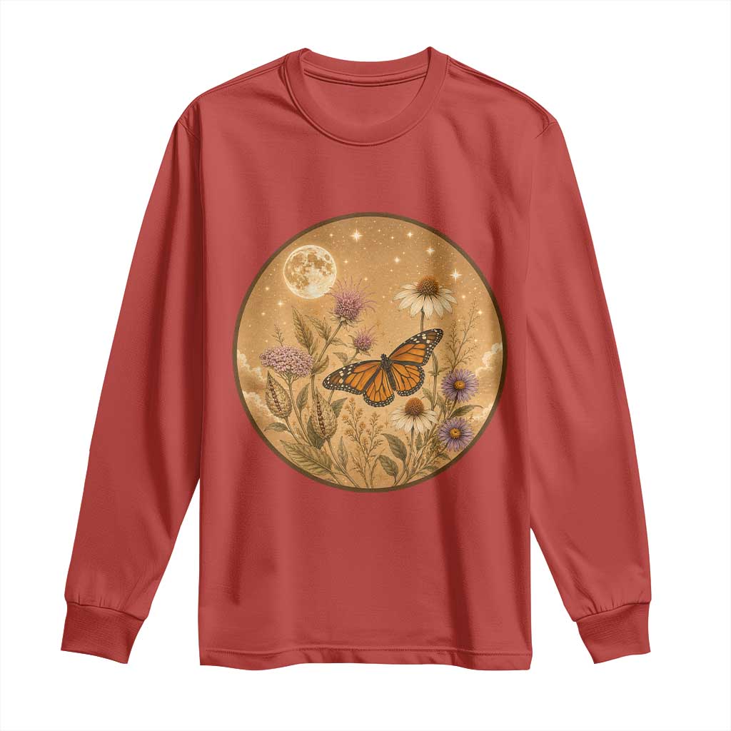 Vintage Monarch Butterfly Botanical Long Sleeve Shirt Wildflower Nature Lover