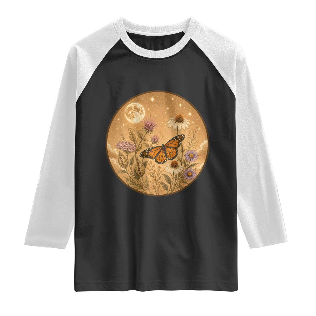 Vintage Monarch Butterfly Botanical Raglan Shirt Wildflower Nature Lover