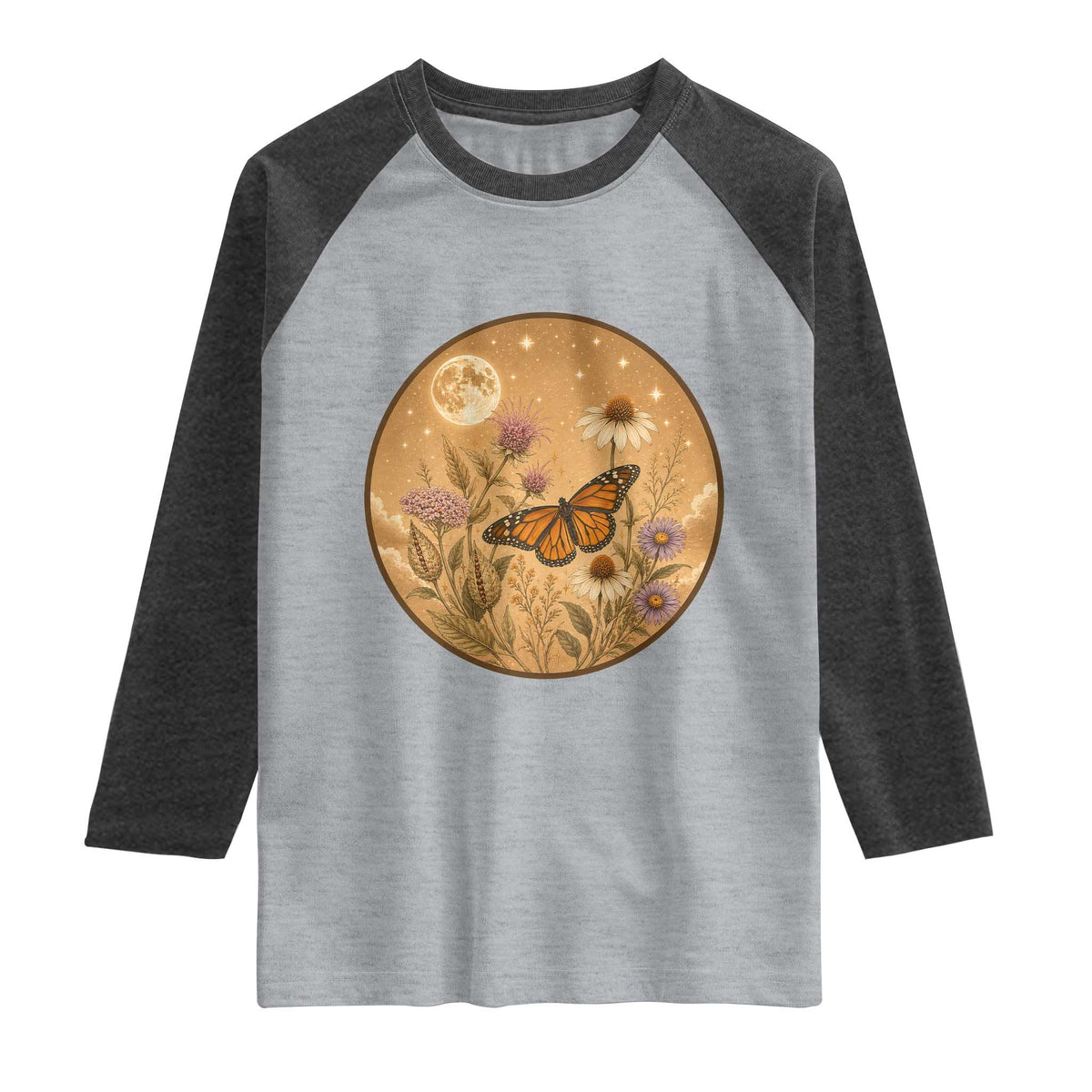 Vintage Monarch Butterfly Botanical Raglan Shirt Wildflower Nature Lover