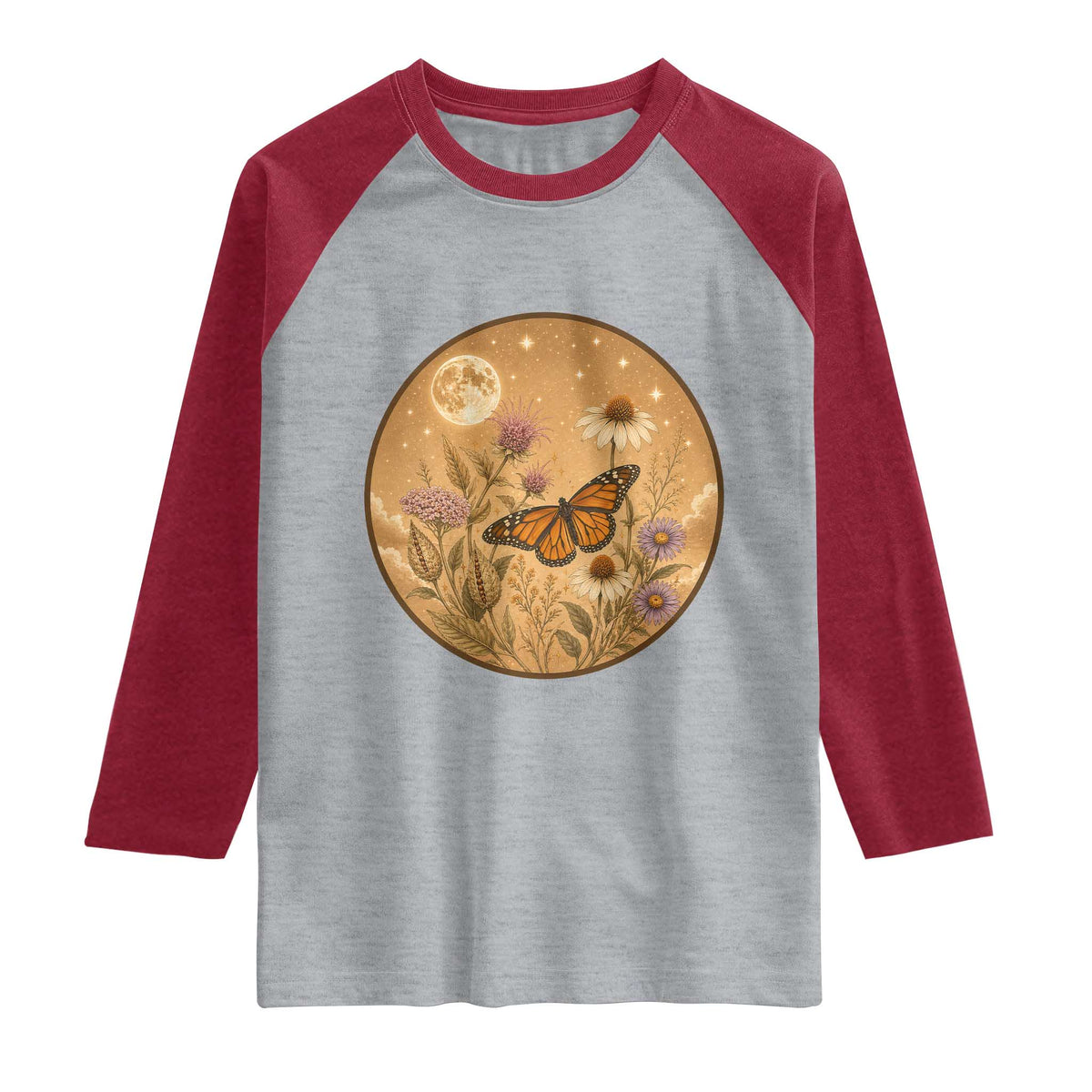 Vintage Monarch Butterfly Botanical Raglan Shirt Wildflower Nature Lover