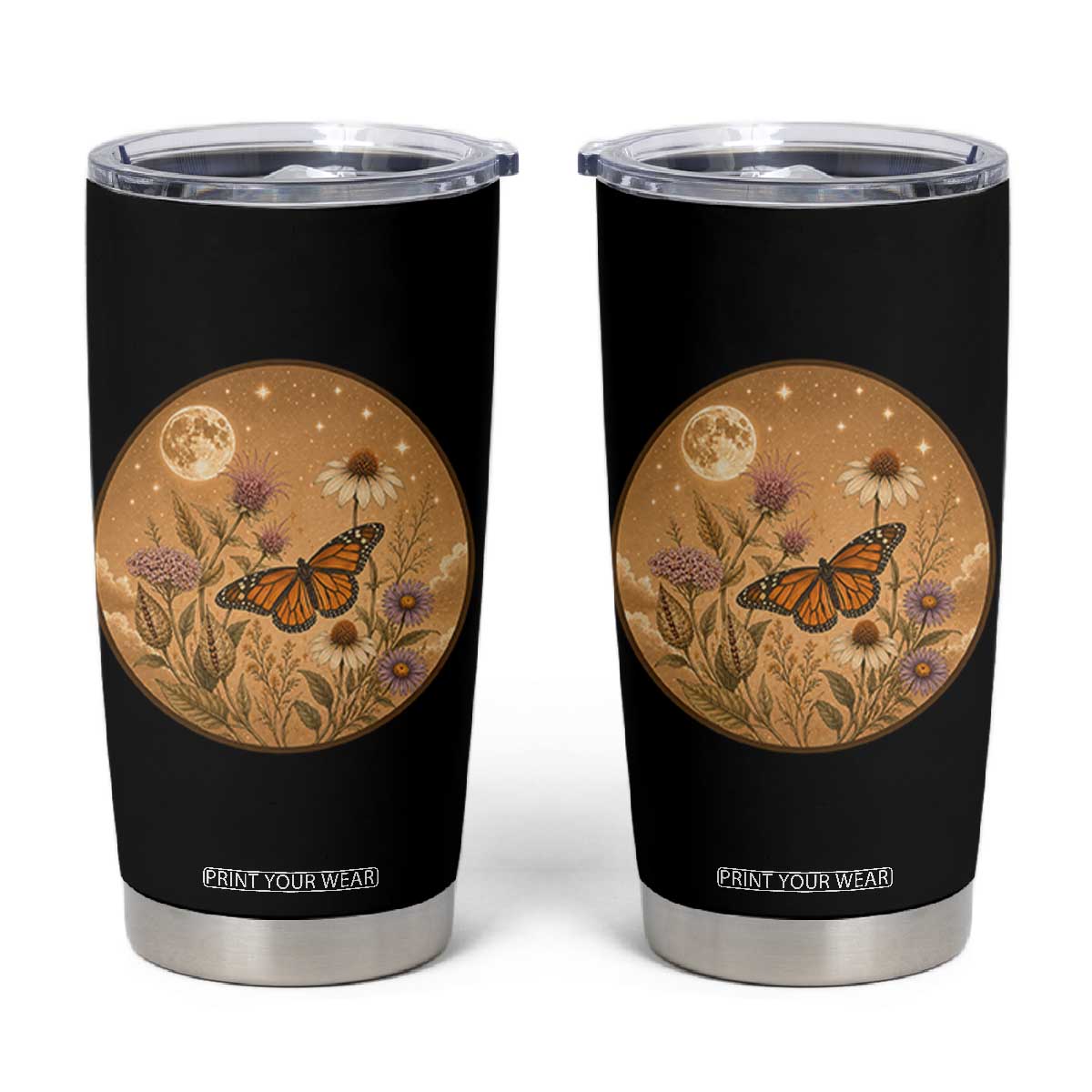 Vintage Monarch Butterfly Botanical Tumbler Cup Wildflower Nature Lover