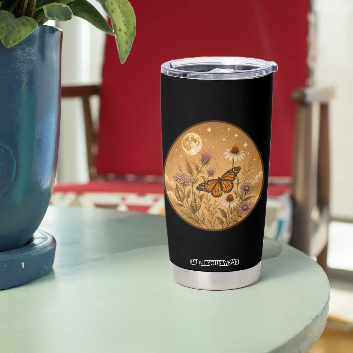 Vintage Monarch Butterfly Botanical Tumbler Cup Wildflower Nature Lover