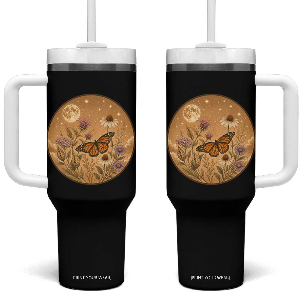Vintage Monarch Butterfly Botanical Tumbler With Handle Wildflower Nature Lover