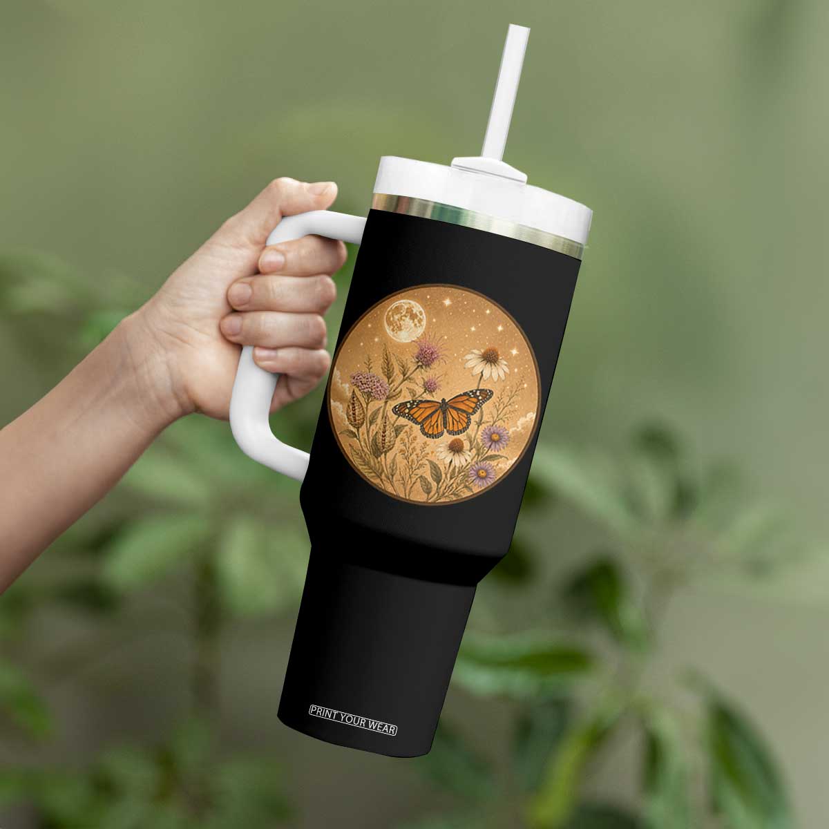 Vintage Monarch Butterfly Botanical Tumbler With Handle Wildflower Nature Lover