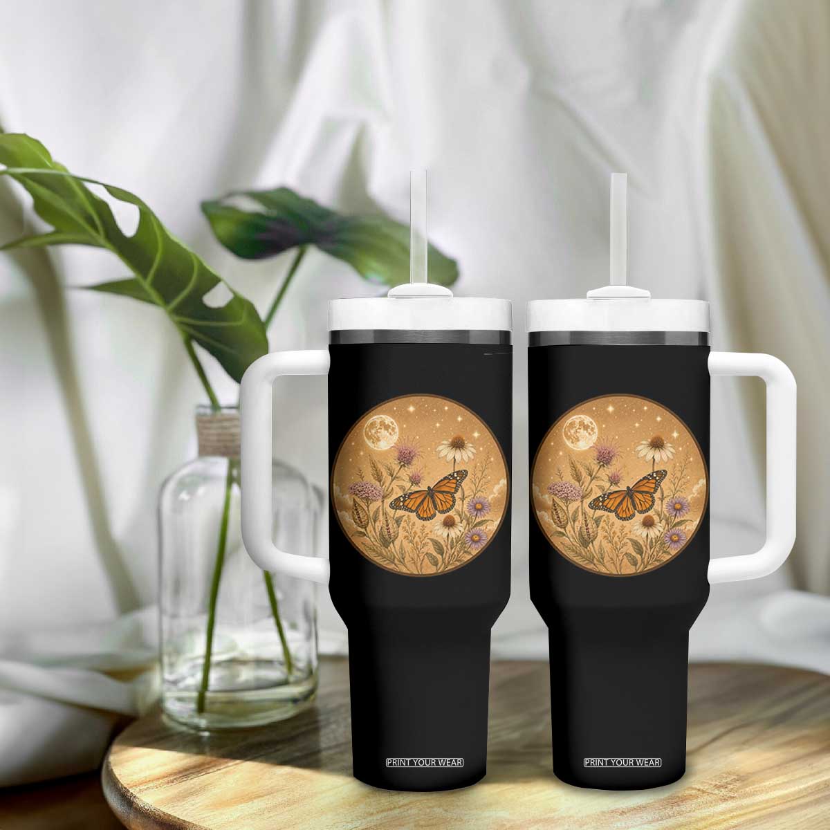 Vintage Monarch Butterfly Botanical Tumbler With Handle Wildflower Nature Lover