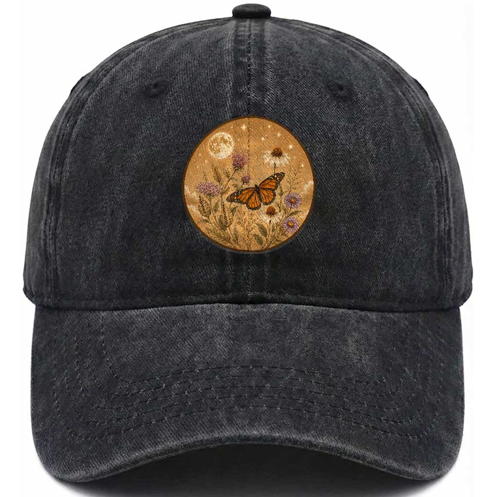 Vintage Monarch Butterfly Botanical Washed Cotton Baseball Cap Wildflower Nature Lover