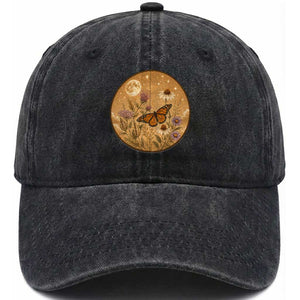 Vintage Monarch Butterfly Botanical Washed Cotton Baseball Cap Wildflower Nature Lover