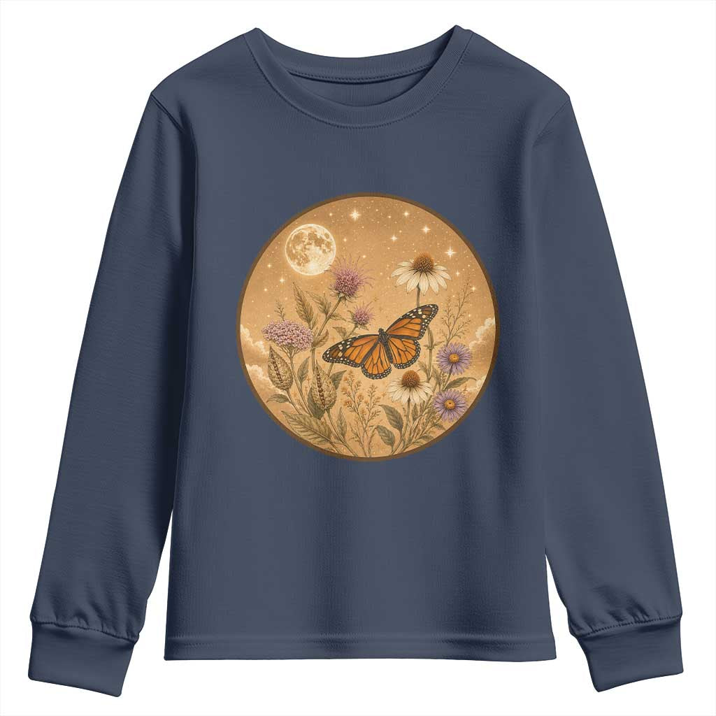 Vintage Monarch Butterfly Botanical Youth Sweatshirt Wildflower Nature Lover
