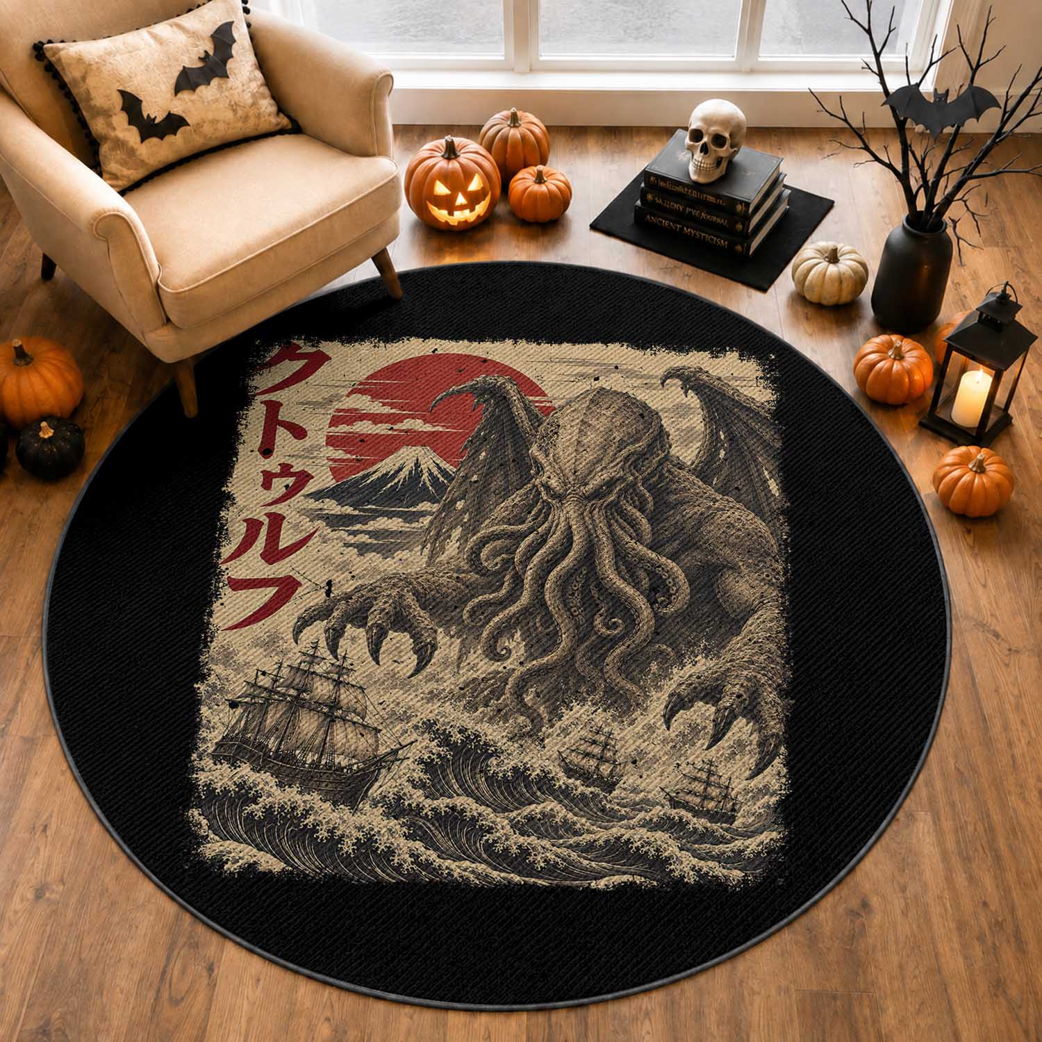 Vintage Japanese Ukiyoe Cthulhu Round Rug Sea Monster Dark Fantasy