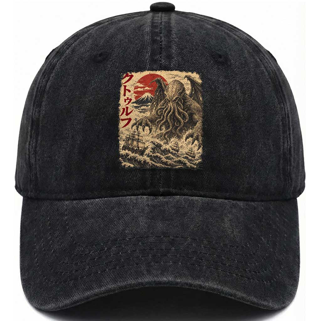 Vintage Japanese Ukiyoe Cthulhu Washed Cotton Baseball Cap Sea Monster Dark Fantasy