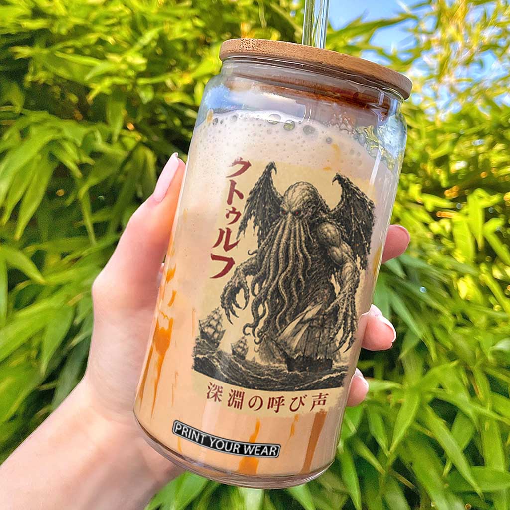 Vintage Japanese Ukiyoe Cthulhu Monster Glass Can Dark Fantasy Poster