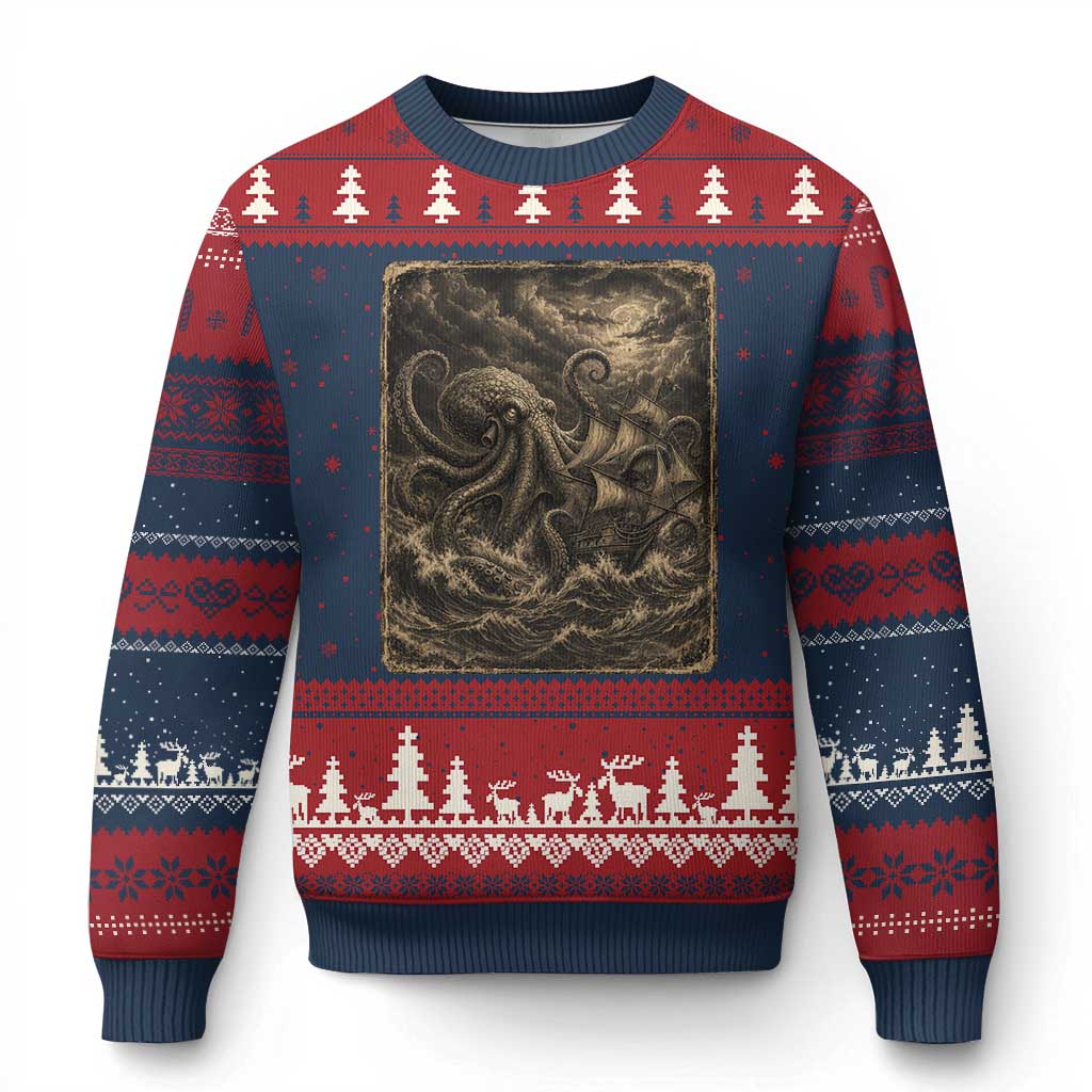 Vintage Giant Octopus Kraken Ugly Christmas Sweater Sea Monster Horror Graphic