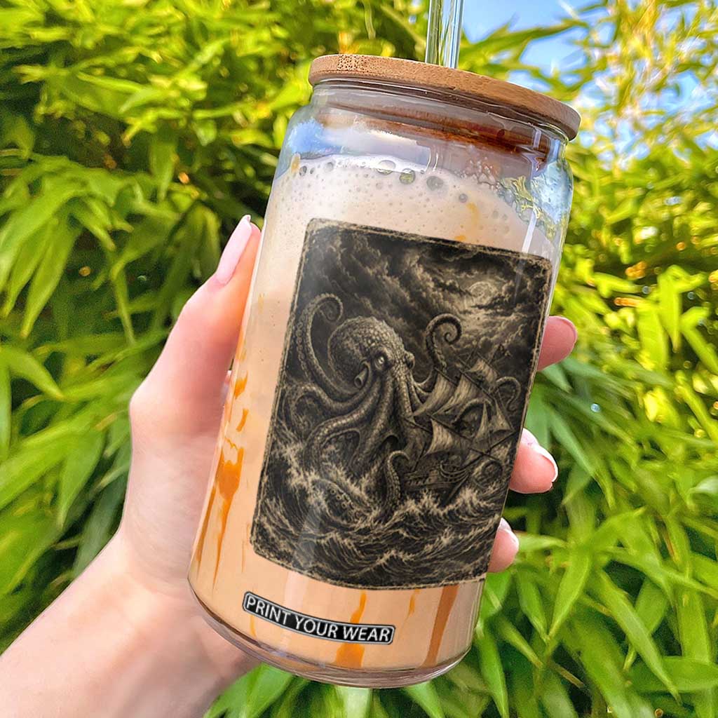 Vintage Giant Octopus Kraken Glass Can Sea Monster Horror Graphic