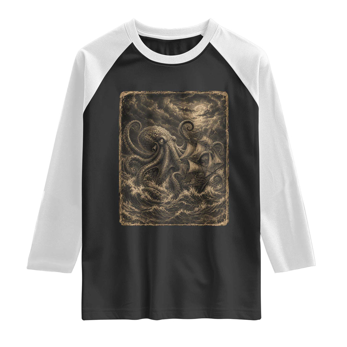 Vintage Giant Octopus Kraken Raglan Shirt Sea Monster Horror Graphic