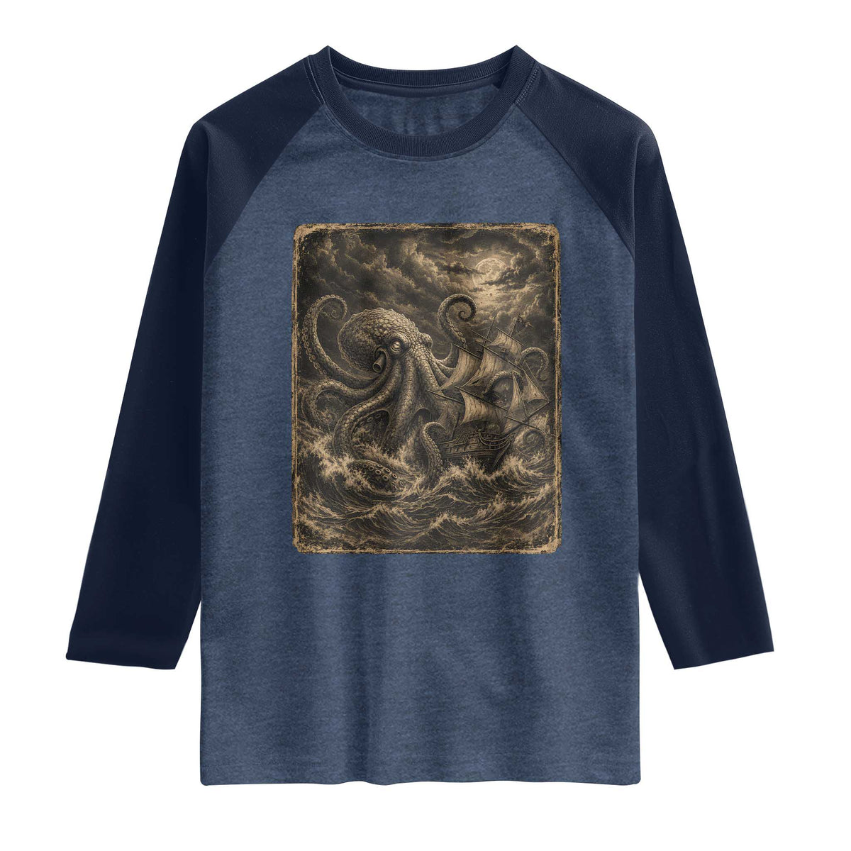 Vintage Giant Octopus Kraken Raglan Shirt Sea Monster Horror Graphic