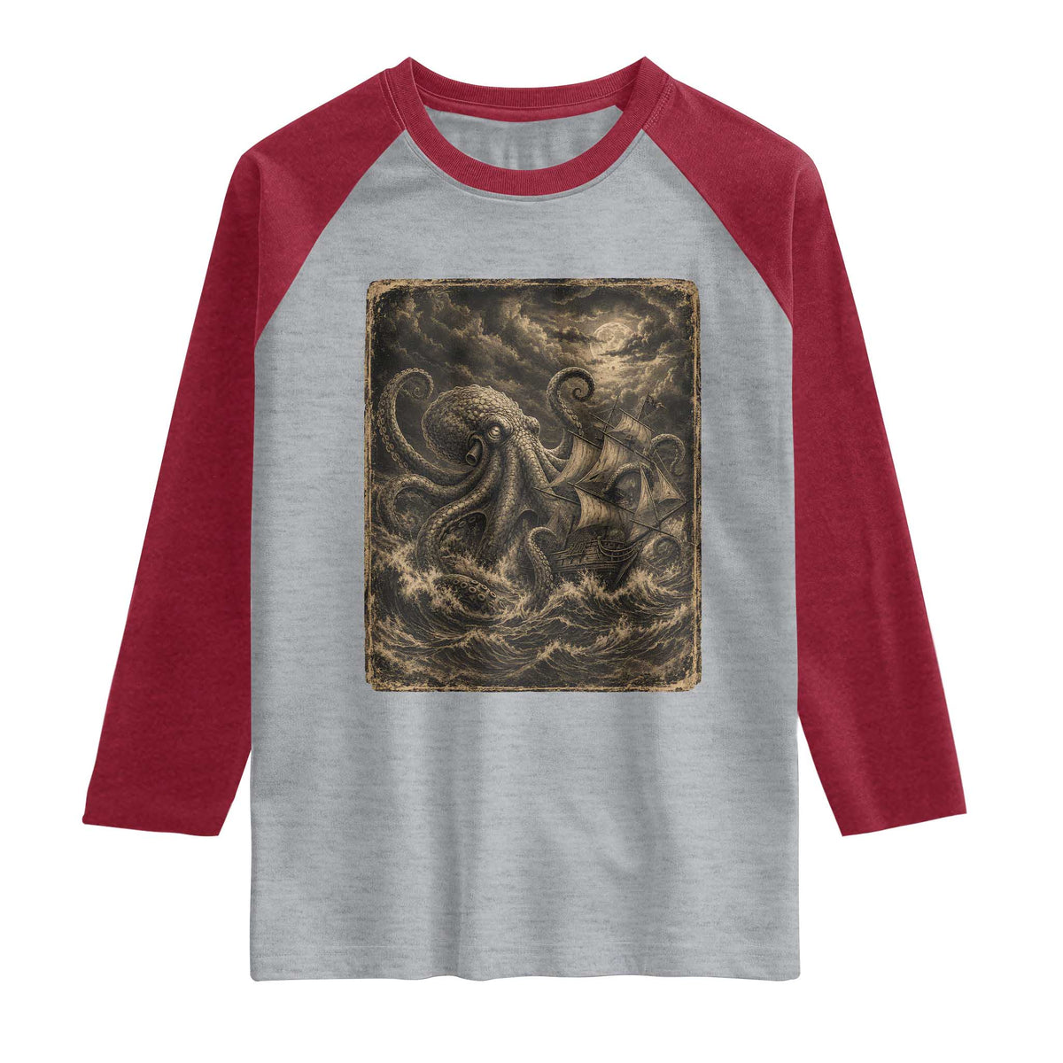 Vintage Giant Octopus Kraken Raglan Shirt Sea Monster Horror Graphic