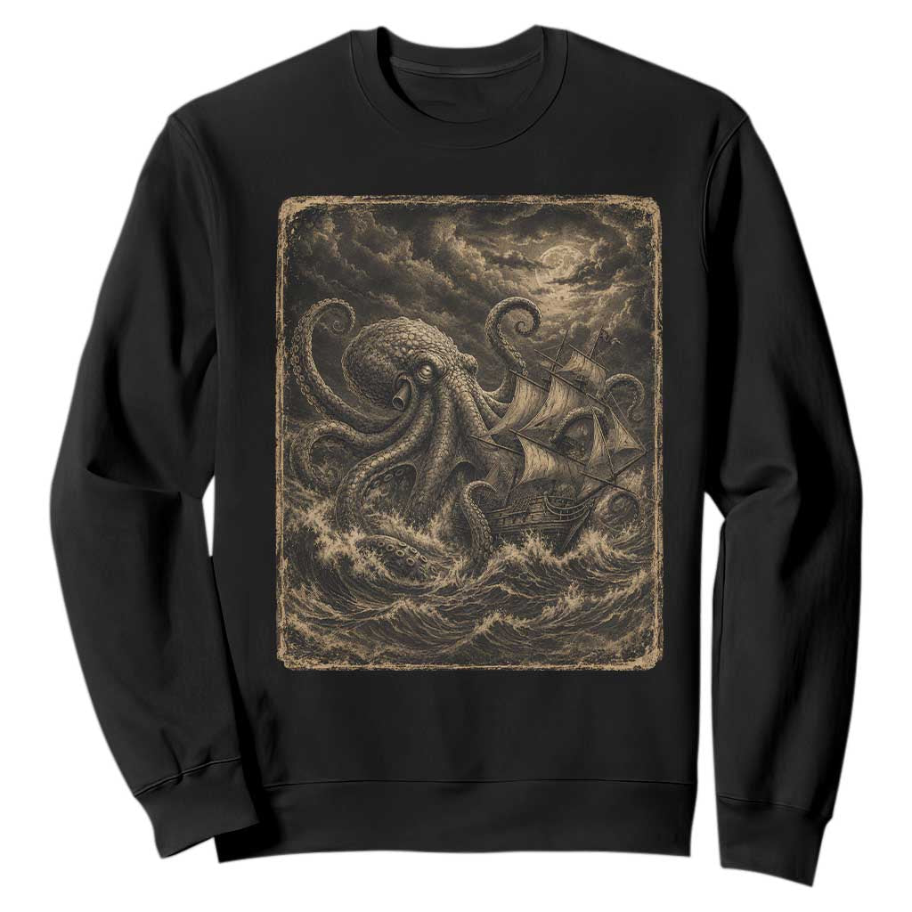 Vintage Giant Octopus Kraken Sweatshirt Sea Monster Horror Graphic
