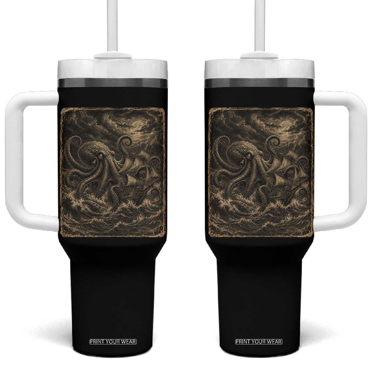 Vintage Giant Octopus Kraken Tumbler With Handle Sea Monster Horror Graphic