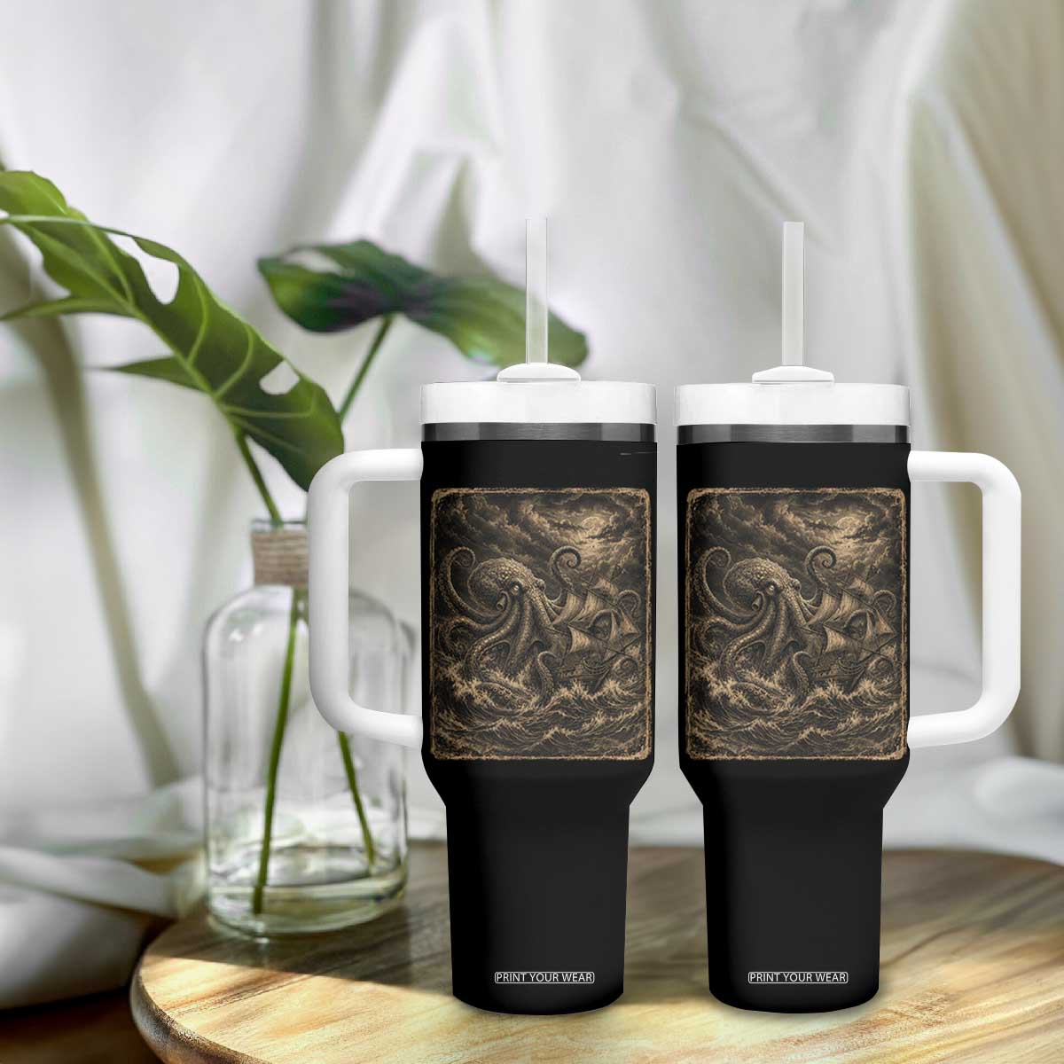 Vintage Giant Octopus Kraken Tumbler With Handle Sea Monster Horror Graphic