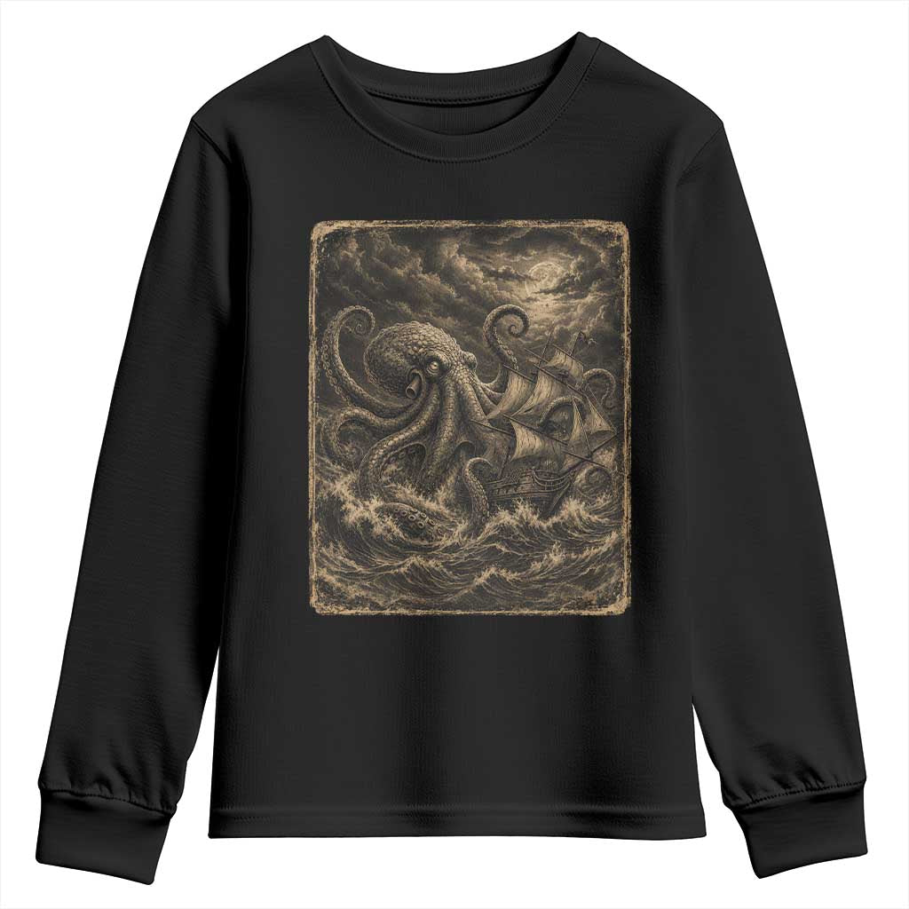 Vintage Giant Octopus Kraken Youth Sweatshirt Sea Monster Horror Graphic
