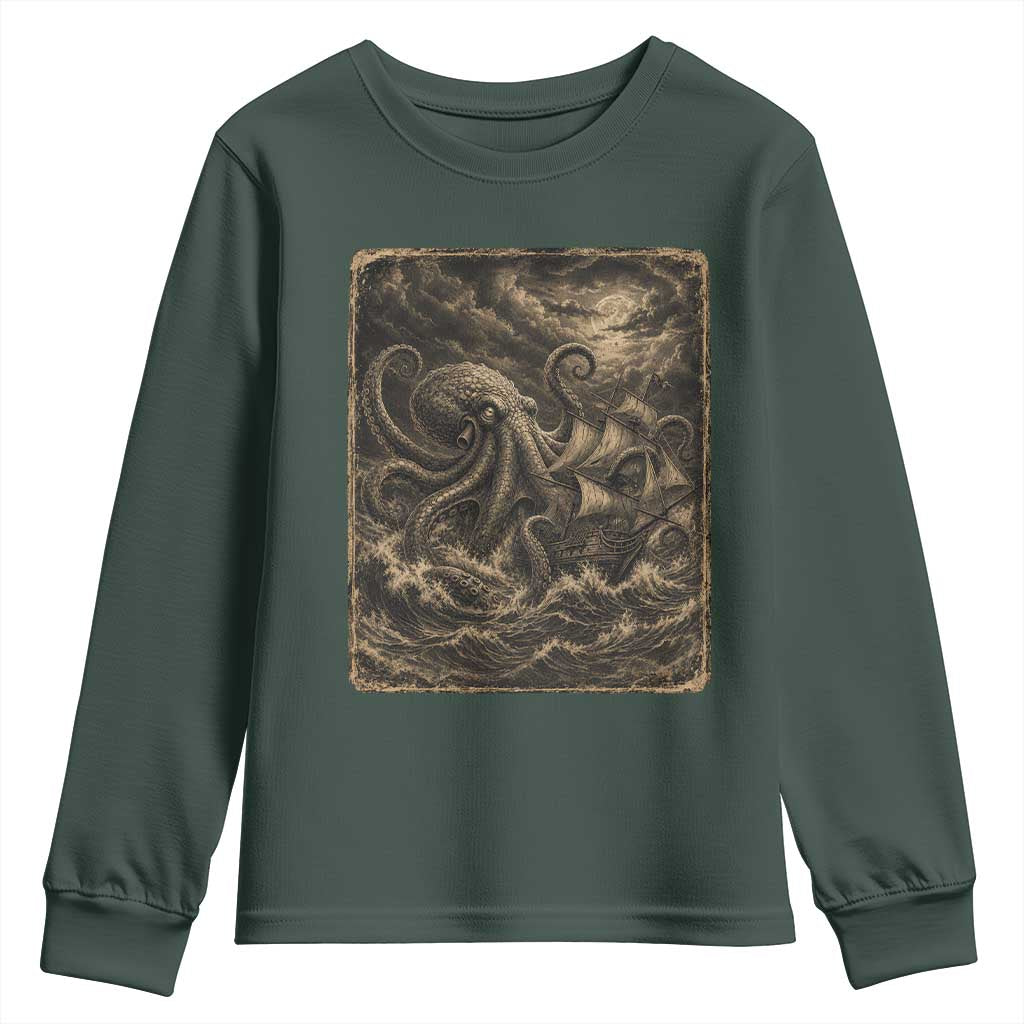 Vintage Giant Octopus Kraken Youth Sweatshirt Sea Monster Horror Graphic