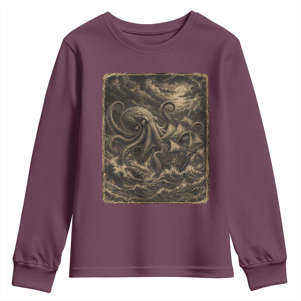 Vintage Giant Octopus Kraken Youth Sweatshirt Sea Monster Horror Graphic