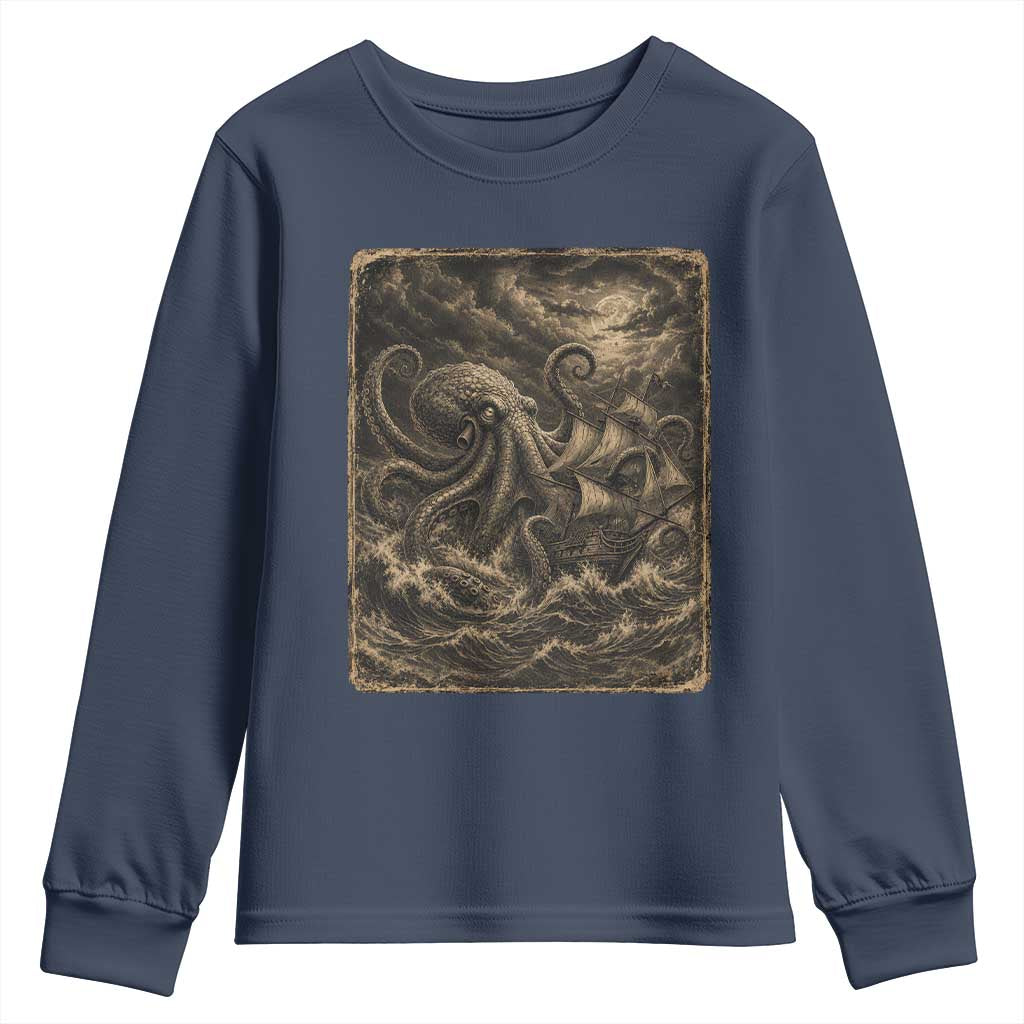Vintage Giant Octopus Kraken Youth Sweatshirt Sea Monster Horror Graphic