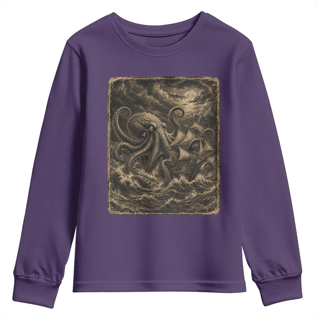 Vintage Giant Octopus Kraken Youth Sweatshirt Sea Monster Horror Graphic