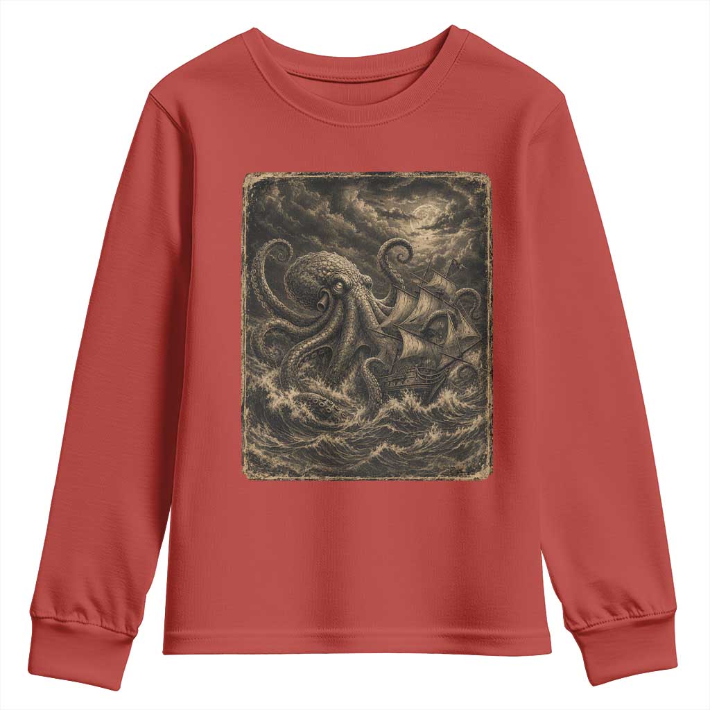 Vintage Giant Octopus Kraken Youth Sweatshirt Sea Monster Horror Graphic