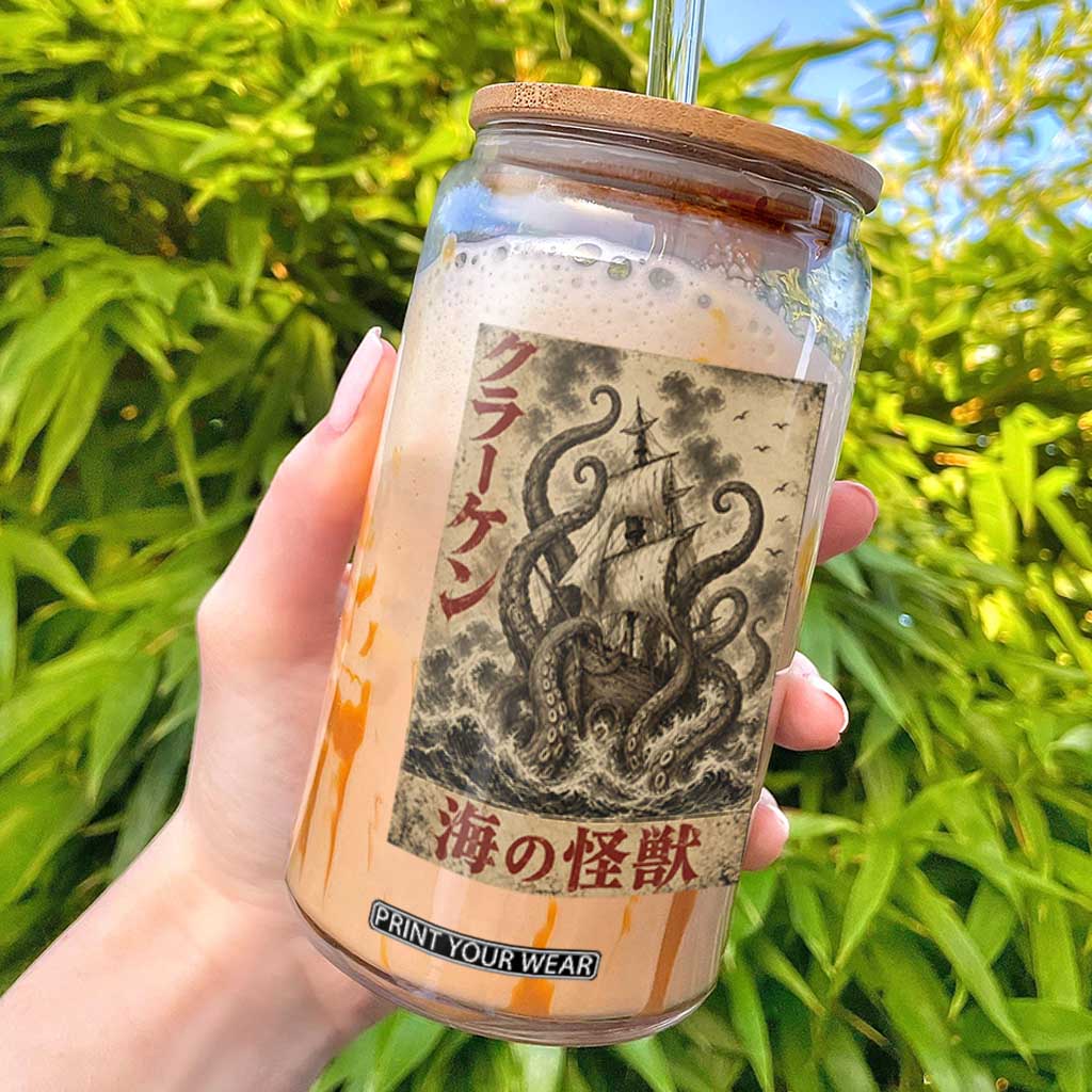 Vintage Japanese Ukiyoe Kraken Glass Can Giant Octopus Sea Monster