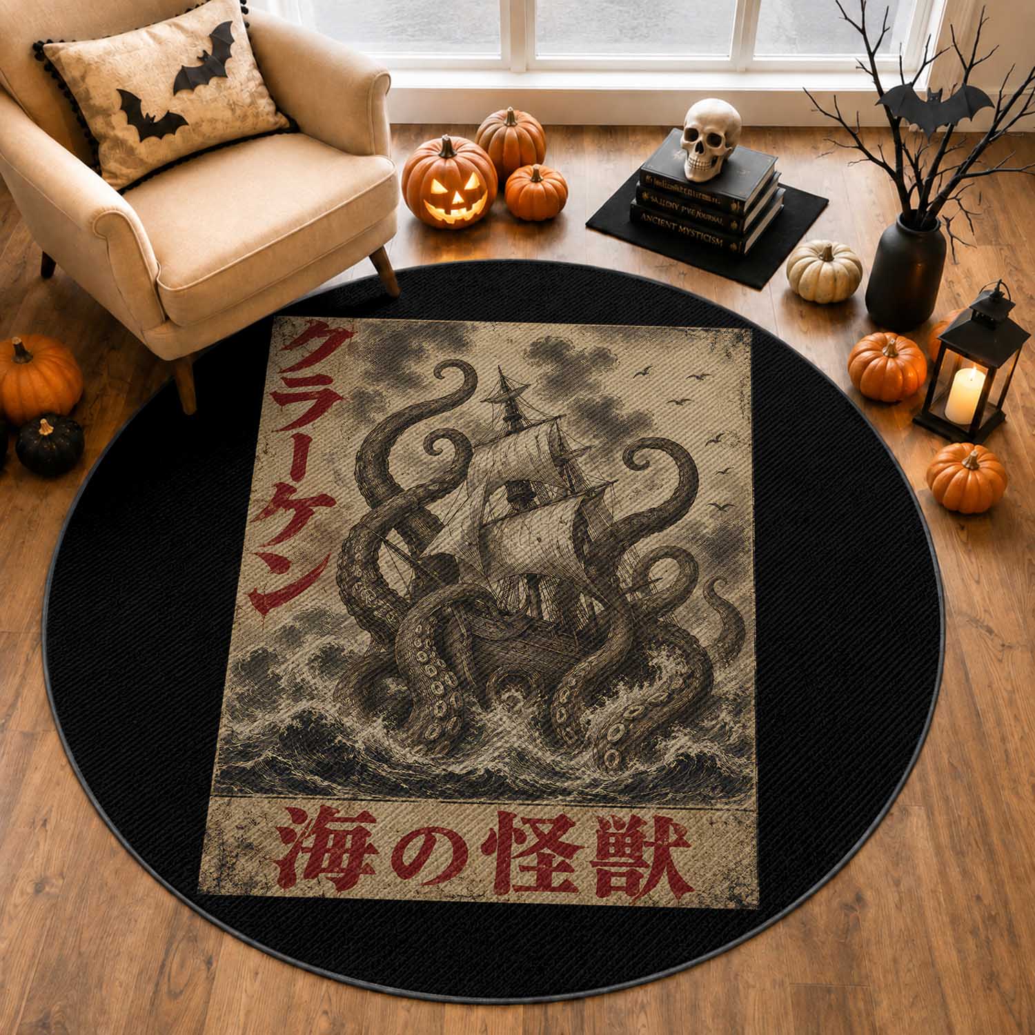 Vintage Japanese Ukiyoe Kraken Round Rug Giant Octopus Sea Monster