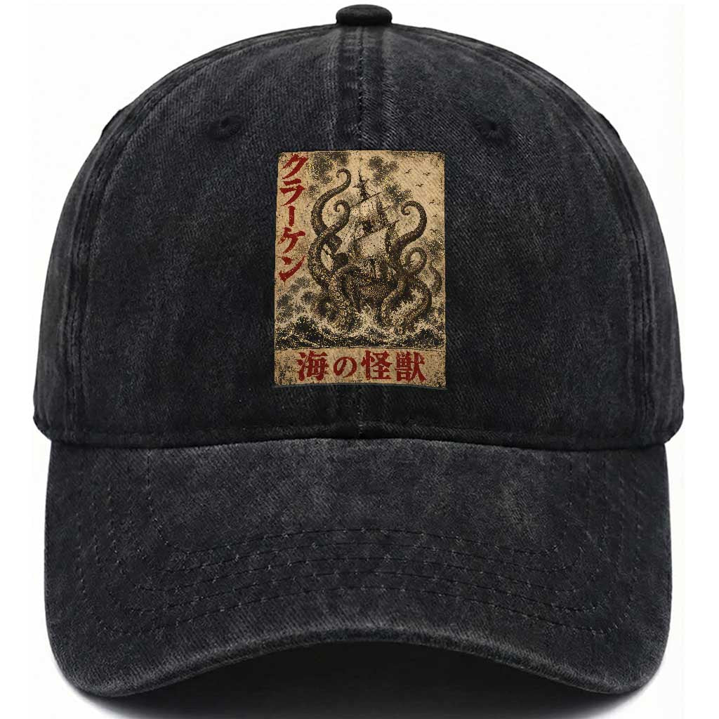 Vintage Japanese Ukiyoe Kraken Washed Cotton Baseball Cap Giant Octopus Sea Monster