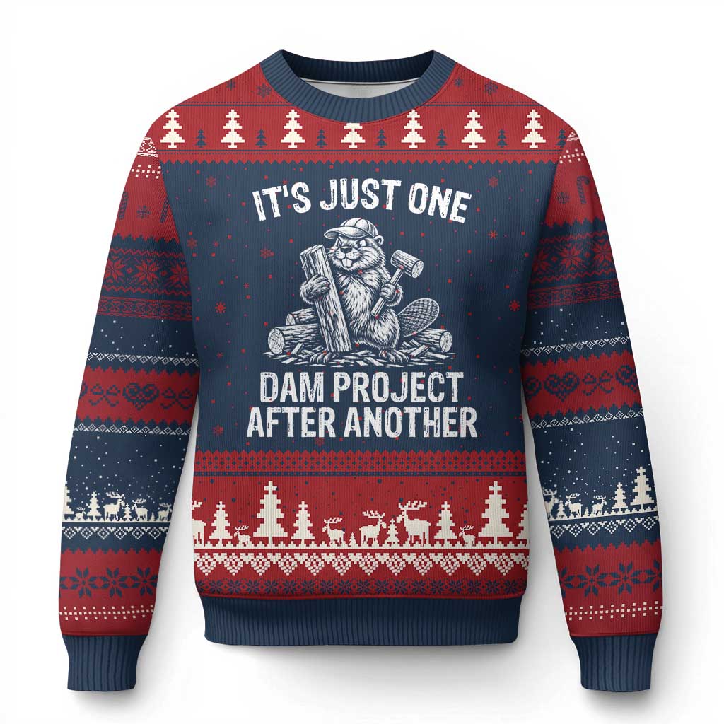 Funny Beaver Carpenter Ugly Christmas Sweater Its Just One Dam Project After Another Woodworking Joke