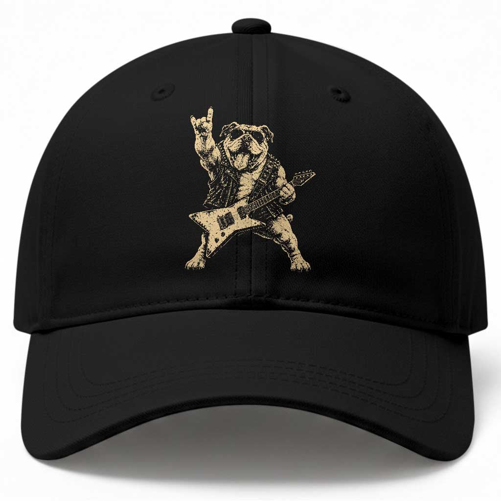 Funny Bulldog Rocker Baseball Cap Playing Guitar Rock Punk Vintage Music Gift