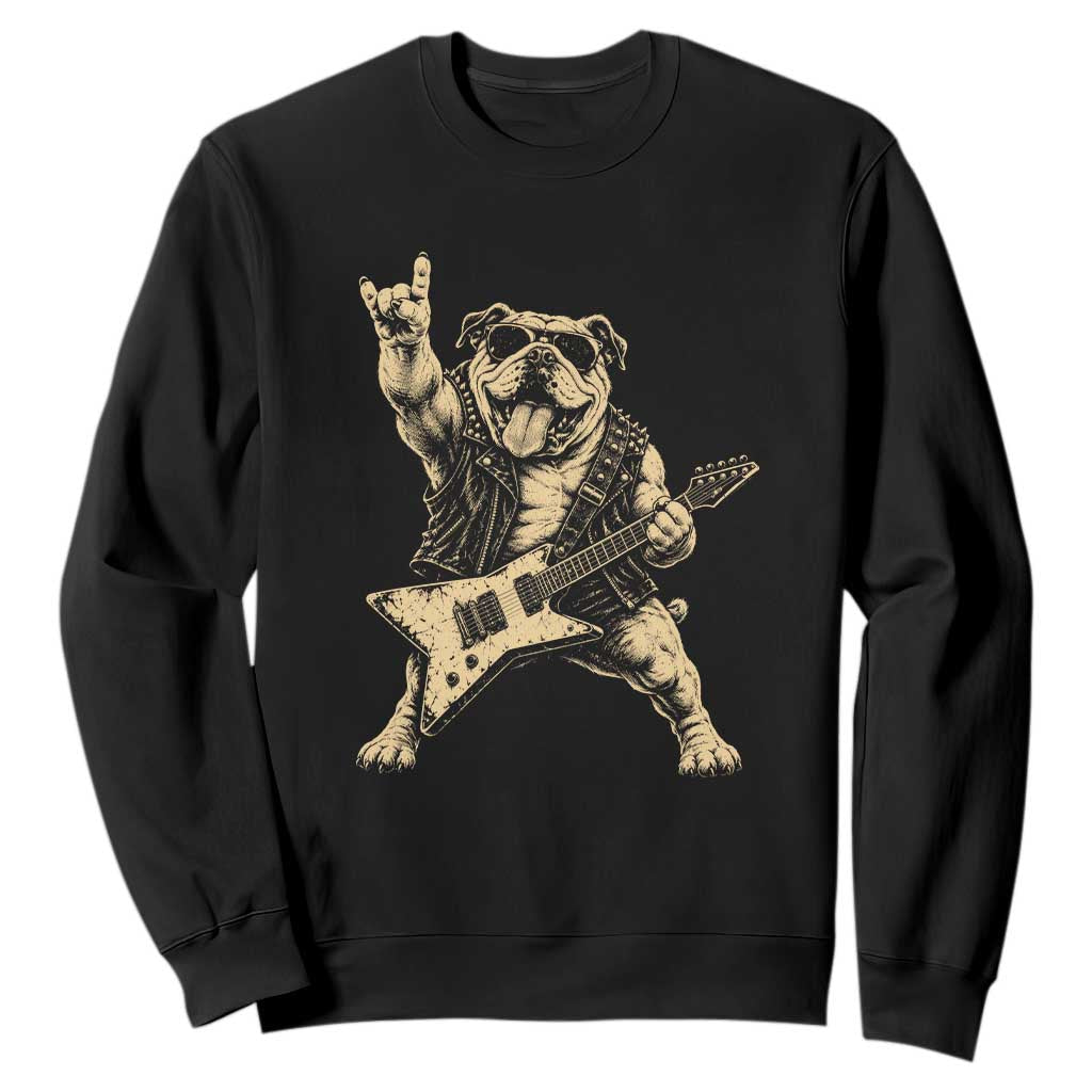 Funny Bulldog Rocker Sweatshirt Playing Guitar Rock Punk Vintage Music Gift